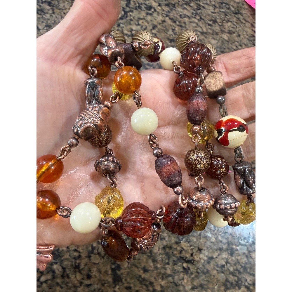 Boho Double Strand Beaded Necklace Copper Flared Cross Amber Cream Earth Tones - Picture 9 of 12